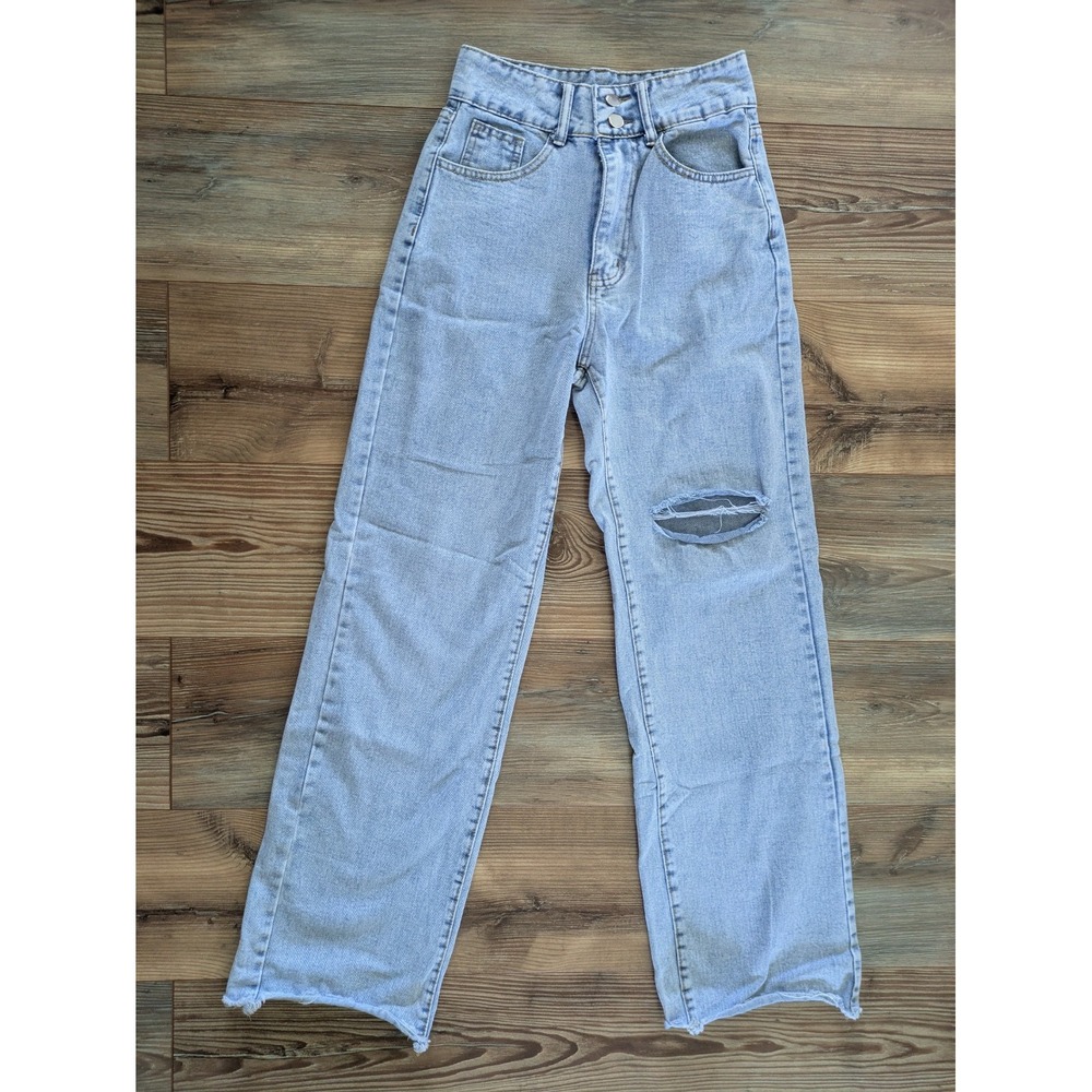 SHEIN High Rise Light Wash Distressed Flare Wide Leg Denim Jeans XS
